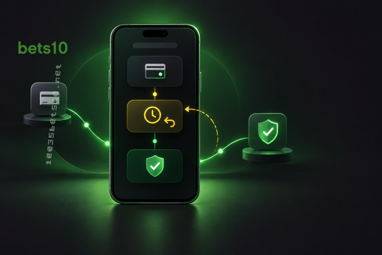 Koyu zeminde yeşil ışıkla çevrili telefon, bekleyen ödeme simgesi ve geri dönüş oku bets10 para çekme iptali sürecini temsil ediyor.