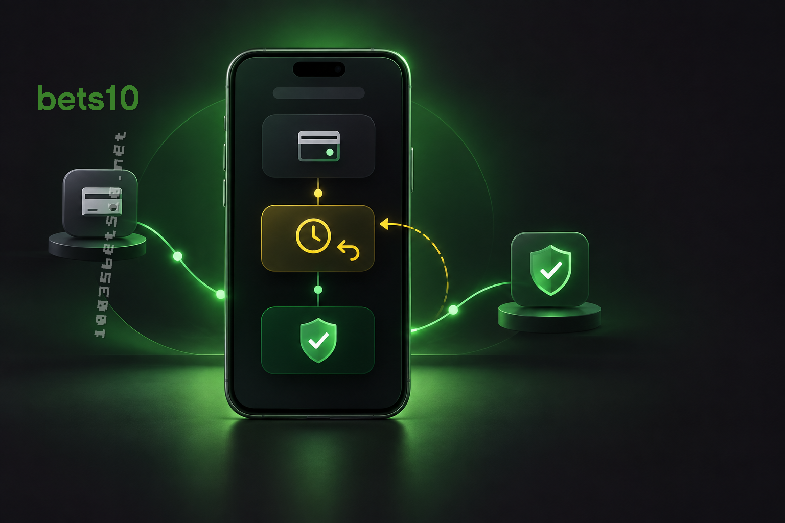 Koyu zeminde yeşil ışıkla çevrili telefon, bekleyen ödeme simgesi ve geri dönüş oku bets10 para çekme iptali sürecini temsil ediyor.