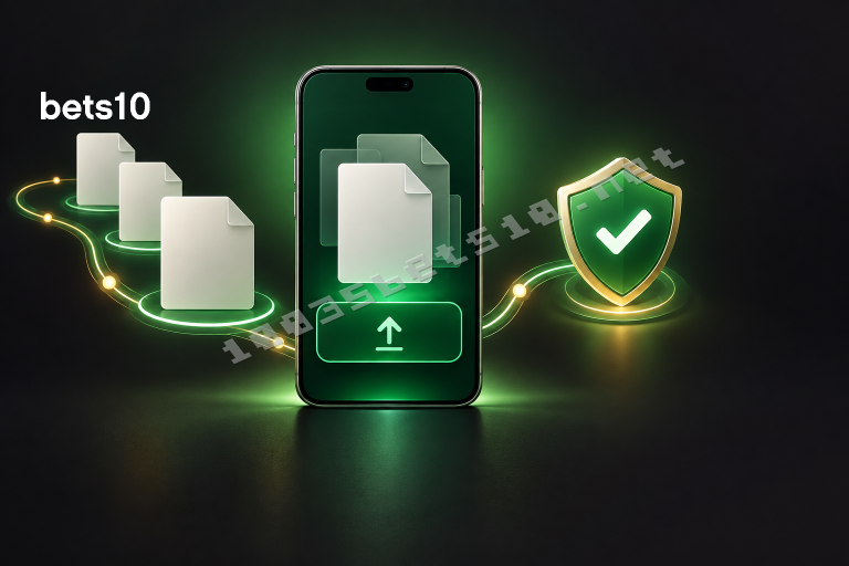 Koyu zeminde yeşil ışıkla çevrelenen telefon, belge ve güvenlik kalkanı bets10 para çekmek için gerekli belgeler konusundaki güvenli iletim adımlarını simgeliyor.