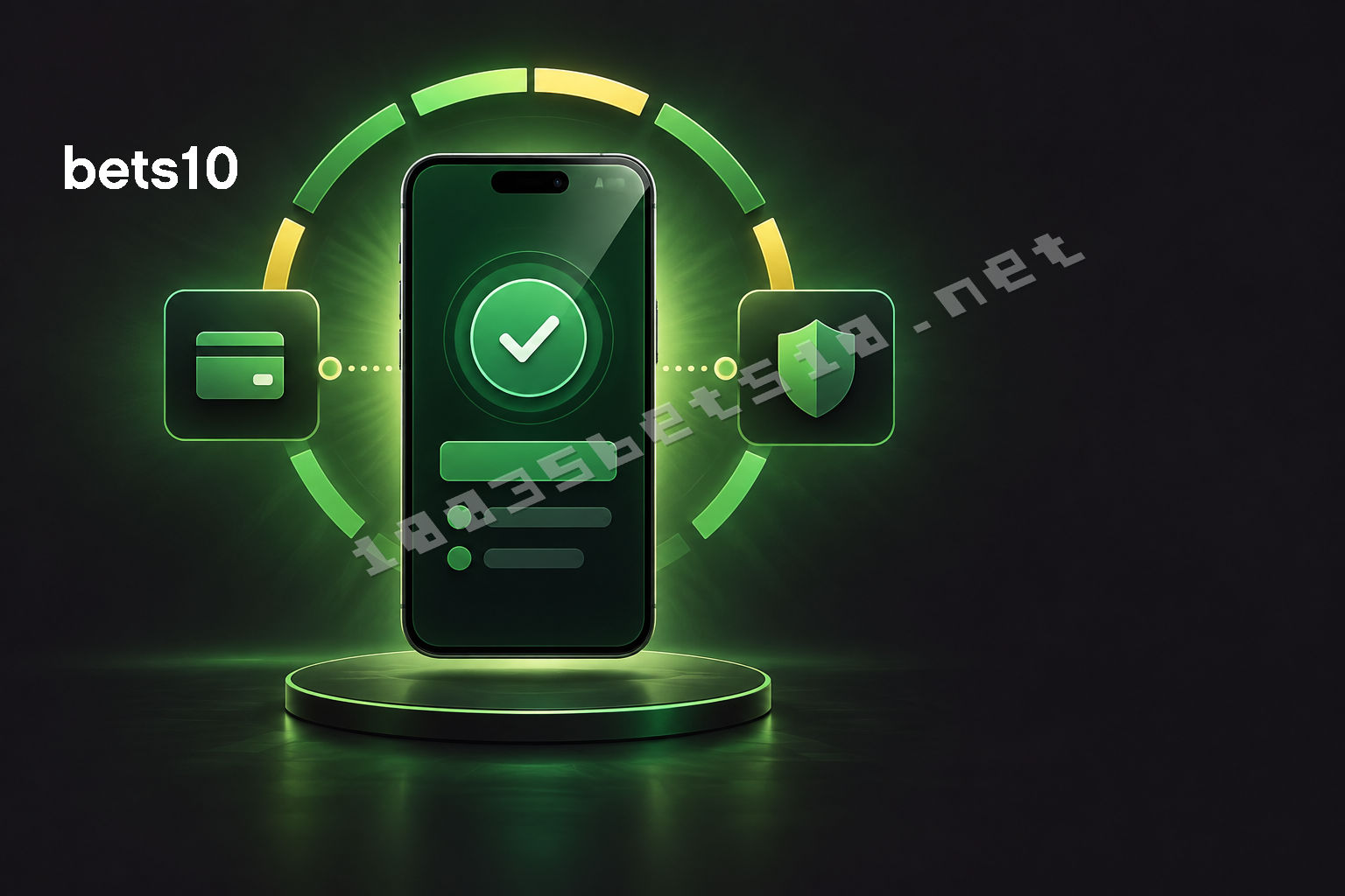 Koyu zeminde yeşil ışıkla çevrili telefon, güvenli ödeme onayı ve sınır göstergesi bets10 para çekme limitleri konusunu simgeliyor.
