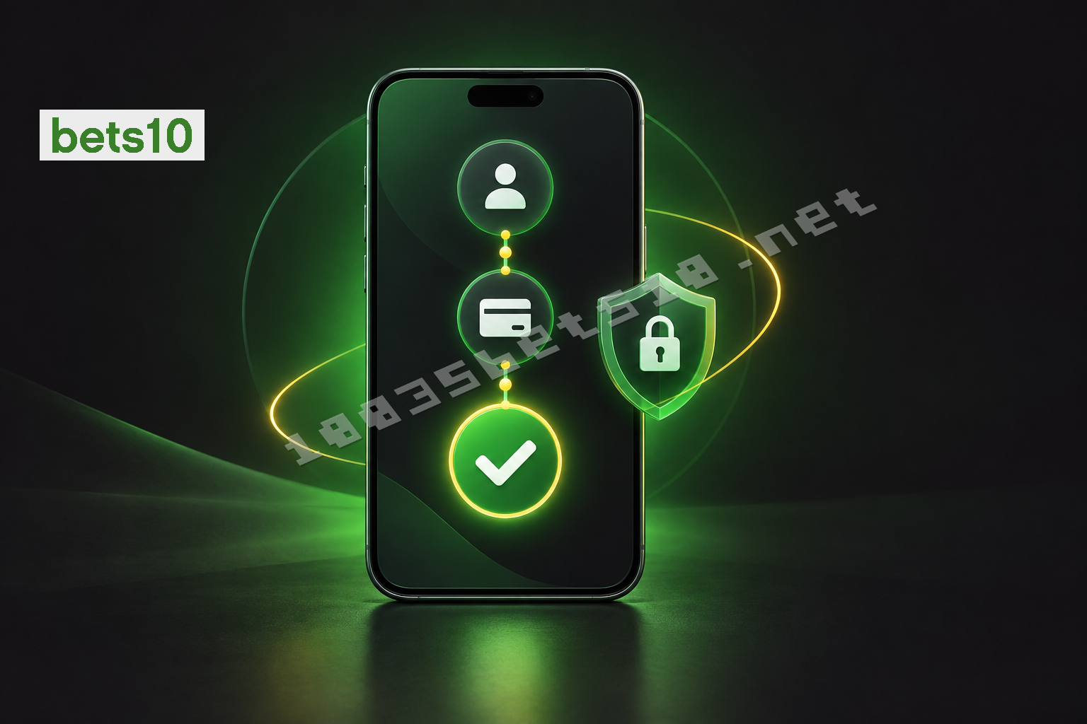 Koyu zeminde yeşil ışıkla çevrelenen telefon ve onay işareti, Bets10 para çekme nasıl yapılır rehberindeki güvenli işlem kontrollerini simgeliyor.