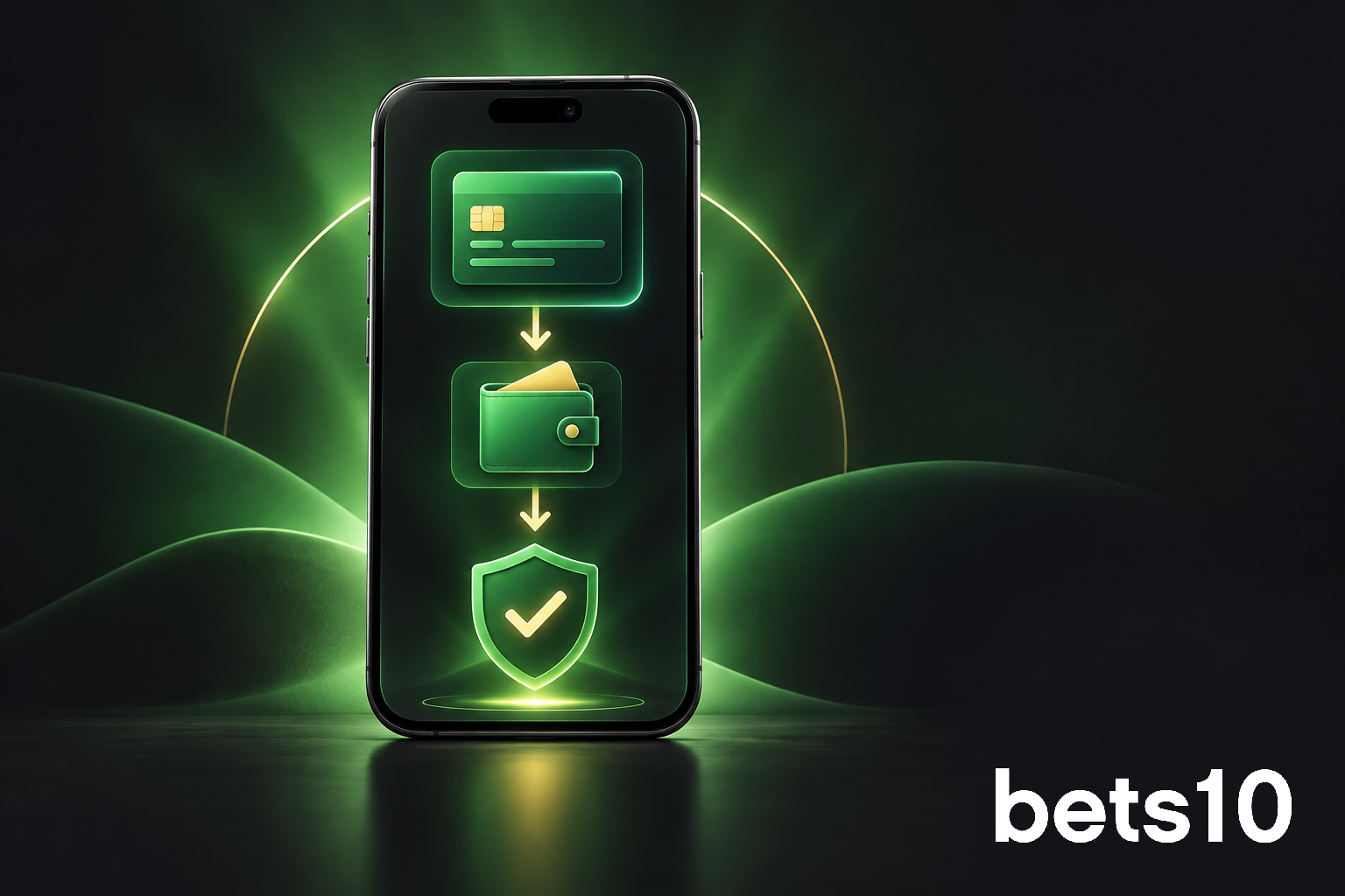 Koyu zeminde yeşil ışıkla çevrelenen telefon ve güvenli ödeme onay simgesi, Bets10 para çekme yöntemleri kontrolünü temsil ediyor.