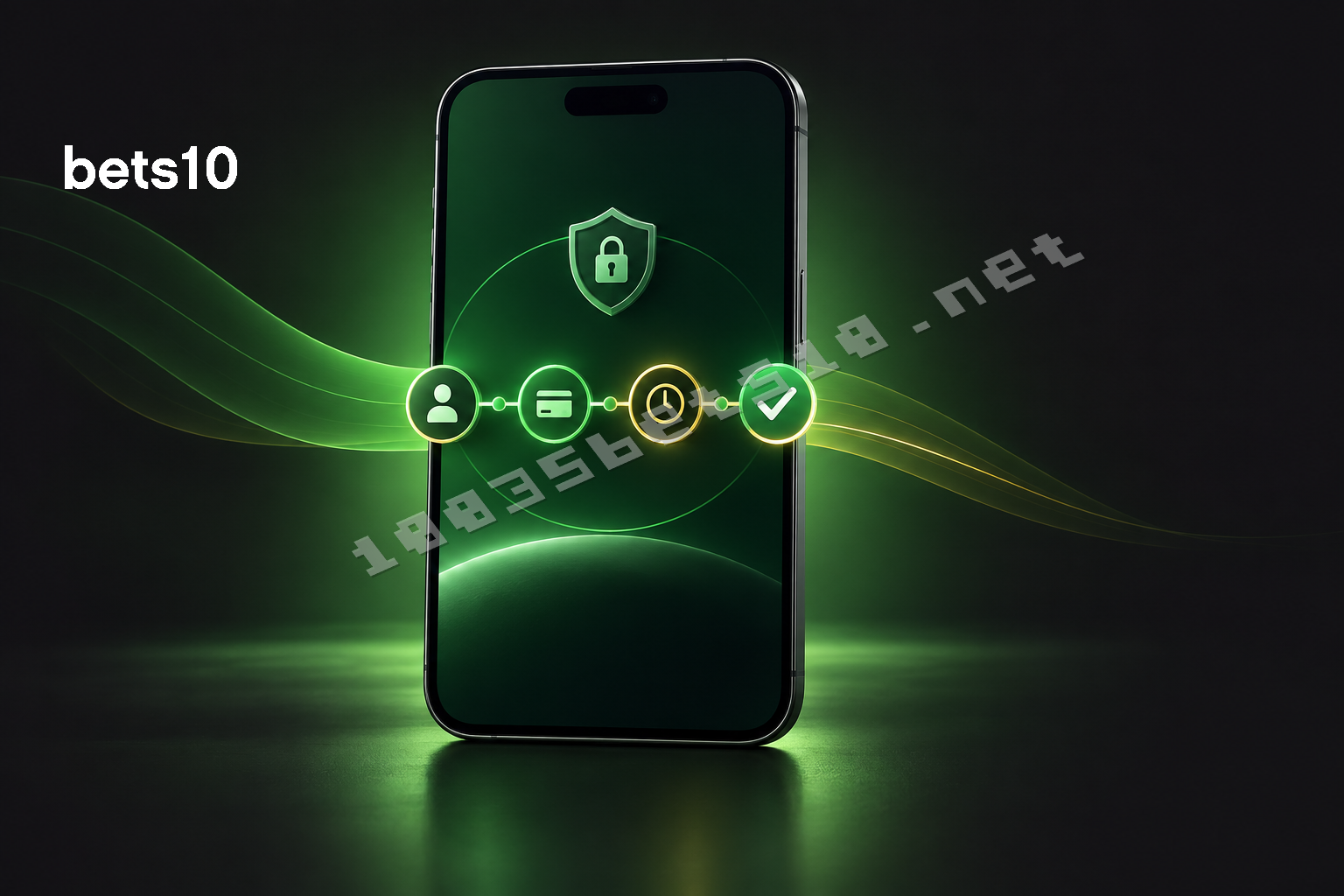 Bets10 para çektim gelmedi durumunda işlem kontrolünü simgeleyen telefon, güvenli ödeme akışı ve onay işareti koyu zeminde yeşil ışıkla öne çıkıyor.
